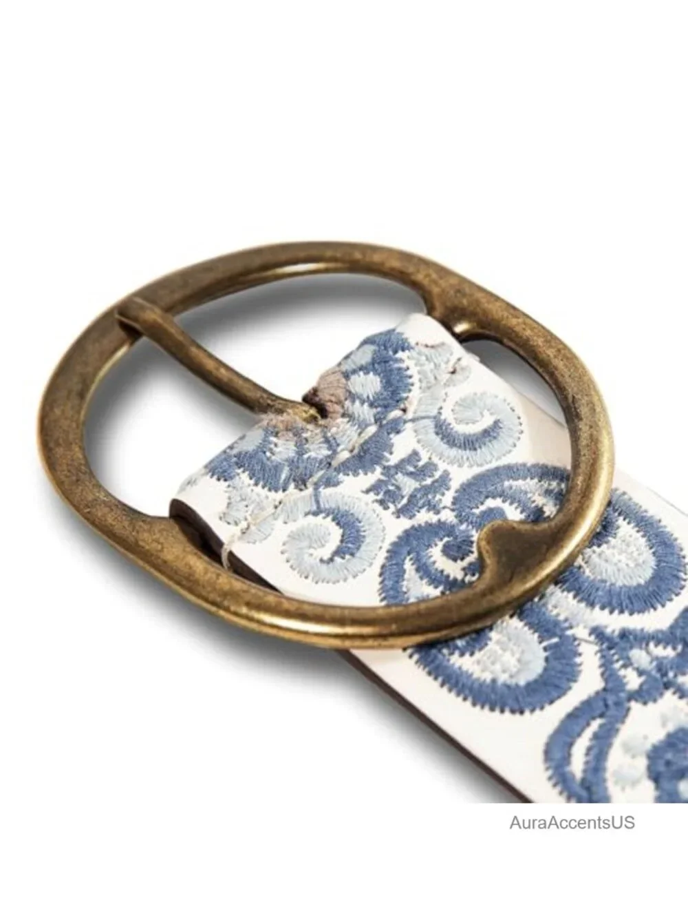 Genuine Leather Embroidered Belt with Antique Brass Oval Buckle - Western
